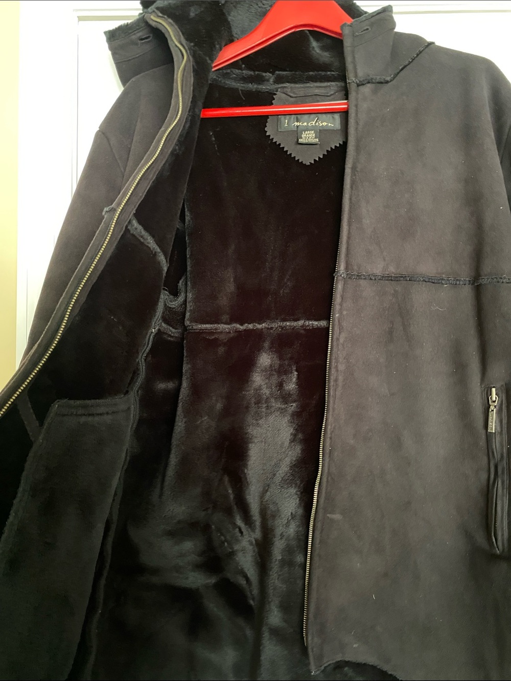 1 Madison Black Suede Feel Full Zip Logo Hardware Hooded Fur Lined Jacket